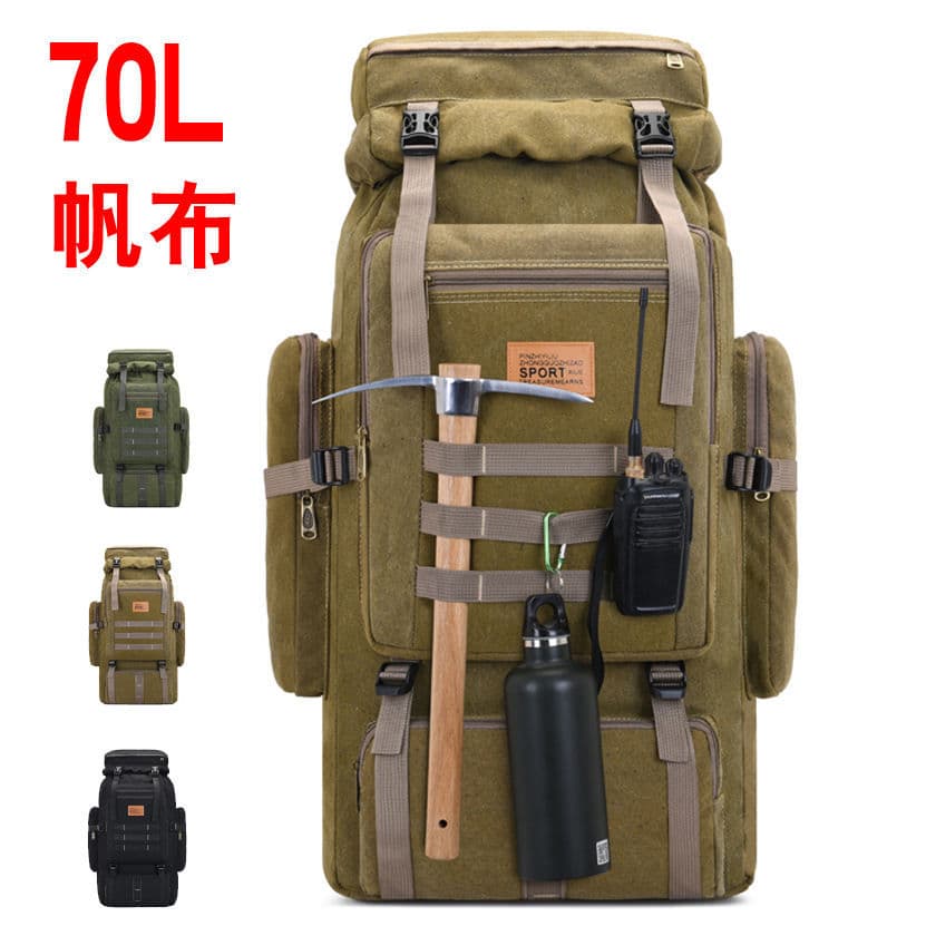 Mochila de grande capacidade 70L, viagem de longa distância, lazer, escalada ao ar livre, masculina, lona, viagem de neg