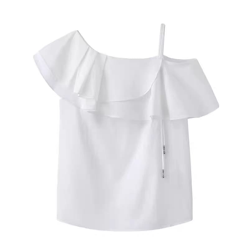 3-10 camisa feminina verão novo estilo babados ombro inclinado estilingue Design camisa superior Casual