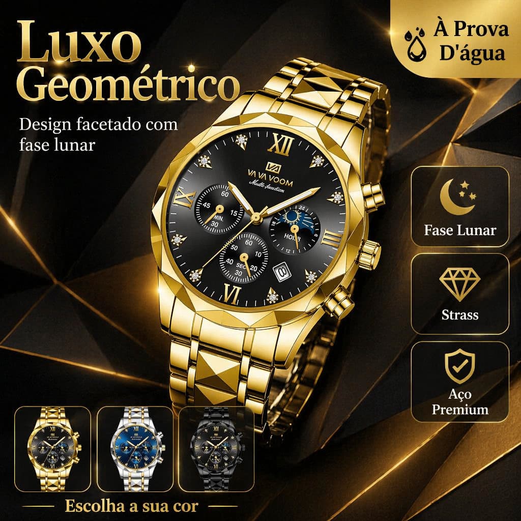 Relógio Masculino Quartzo Cronógrafo Fase Lunar Aço Inoxidável Brilhante Strass Elegante Empresarial Resistente à Água
