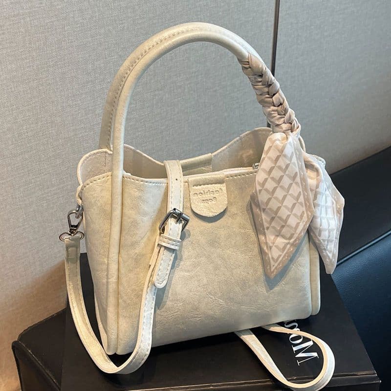 Bolsa bucket minimalista e única para mulheres, nova bolsa versátil com lenço de seda, adequada para o trabalho, pode se