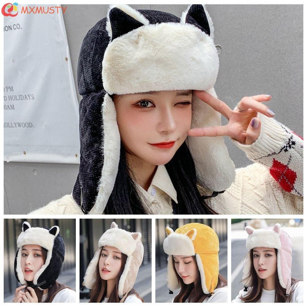 MXMUSTYZA Chapéu Com Aba De Orelha , Balaclava Espessada De Gato , Protetores À Prova De Vento De Pelúcia Frio Feminino