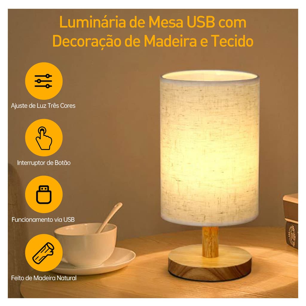 Abajur Mesa Linho Natural Luminária Quarto Sala Escritório Iluminação Decoração Casa Base de Madeira
