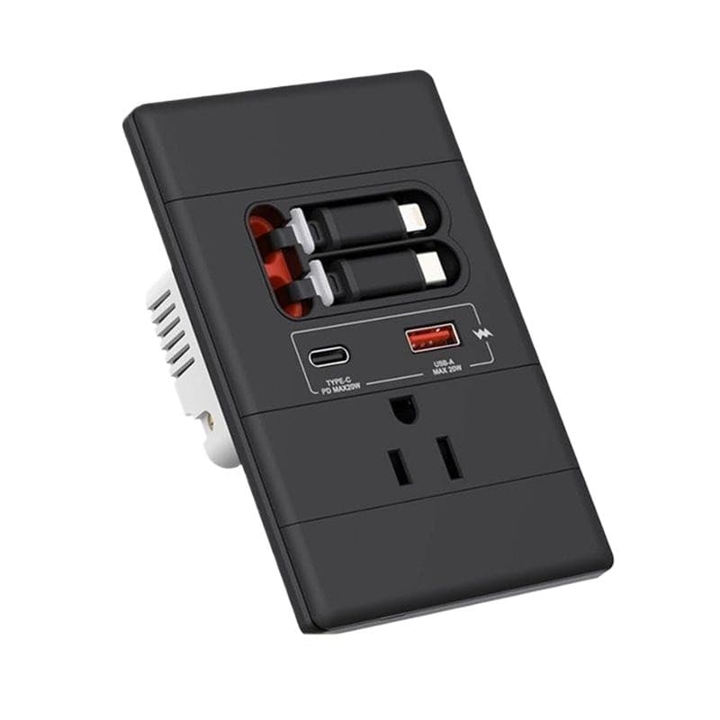 Tomada De Parede USB-C Resistente À Violação 15A 125V Gan PD20W Cabo Retrátil USB-C/A Adaptador Preto