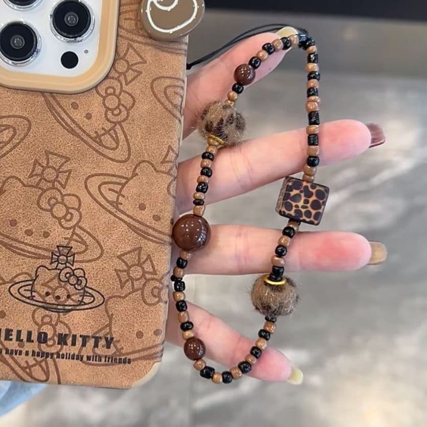 Cordão de corrente de contas de telefone móvel feito à mão com estampa de leopardo quadrado pingente de concha de tartar