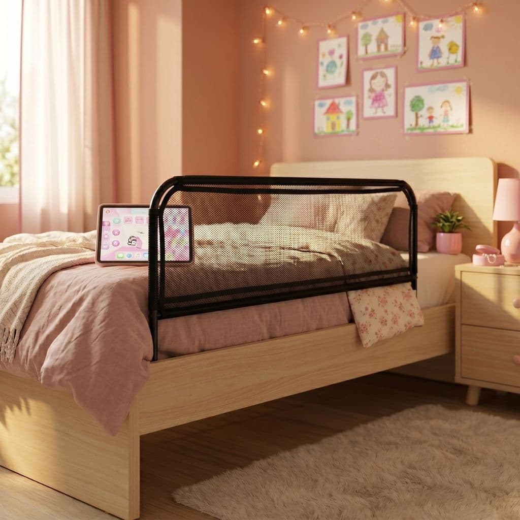 Grade Proteção Cama Preta Moderna Antiqueda Bebê Idoso Sem Furação 94x42cm Aço Tubular Reforçada