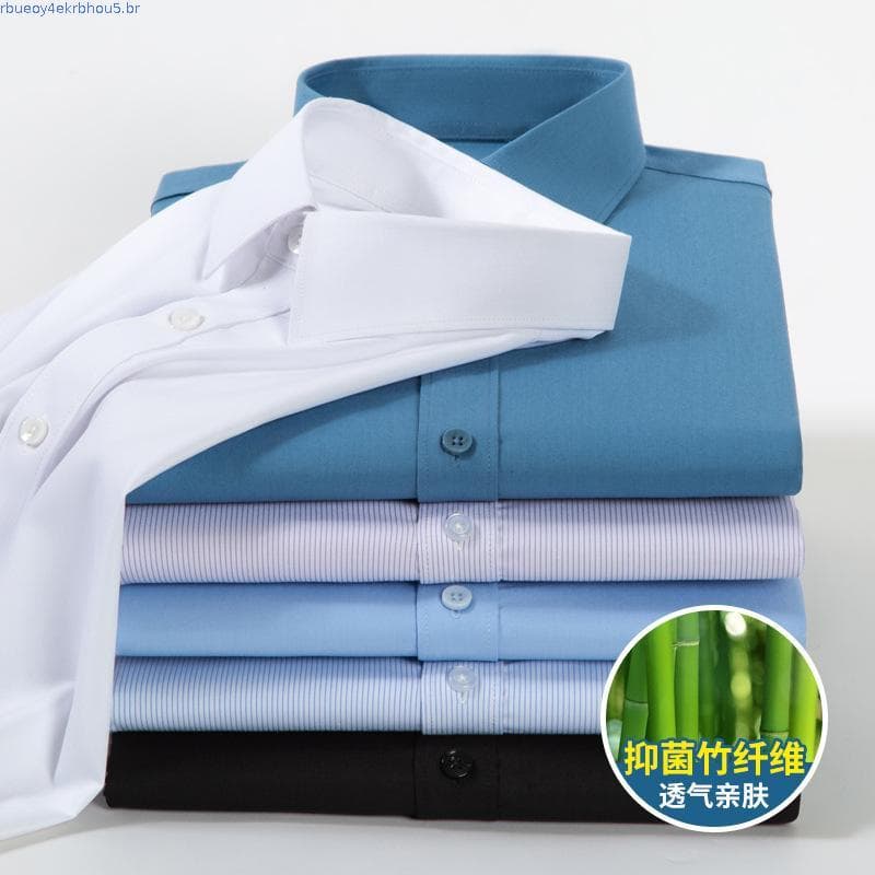 Csa Social Masculina Casual de Manga Longa em Bambu Sem Necessidade de Passar, Estilo Coreano, Modelo 9641