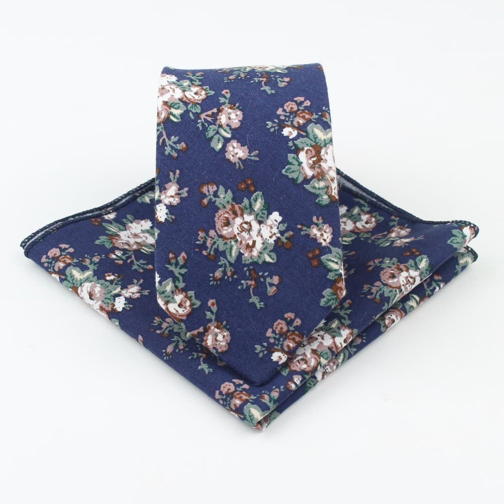 Conjunto de Gravata Estreita Rosa ZONFAZ 100% Algodão, Lenço de Bolso com Estampa Floral 1RSI