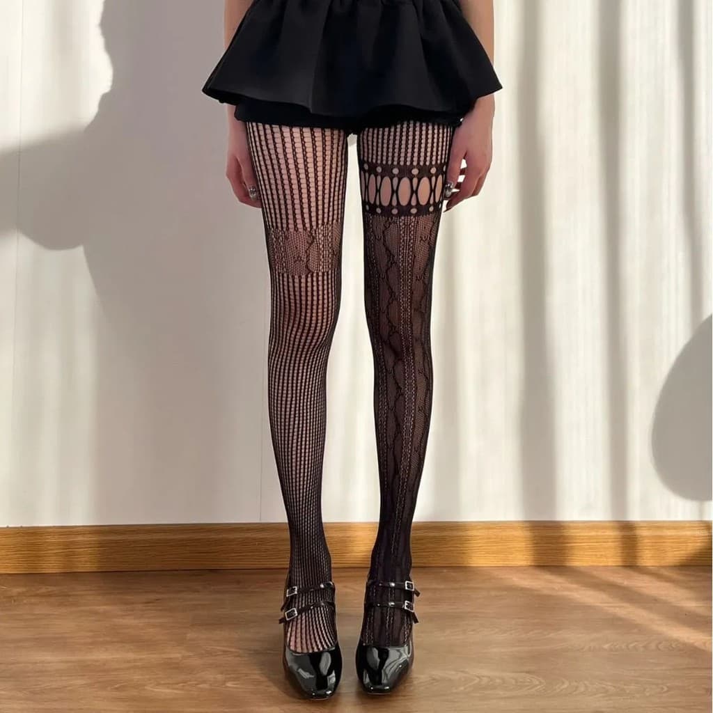 [MOJY] Meia-calça de Verão em Jacquard com Padrão de Rede Assimétrico, Meia-calça Vazada para Garotas Estilosas, Meias F