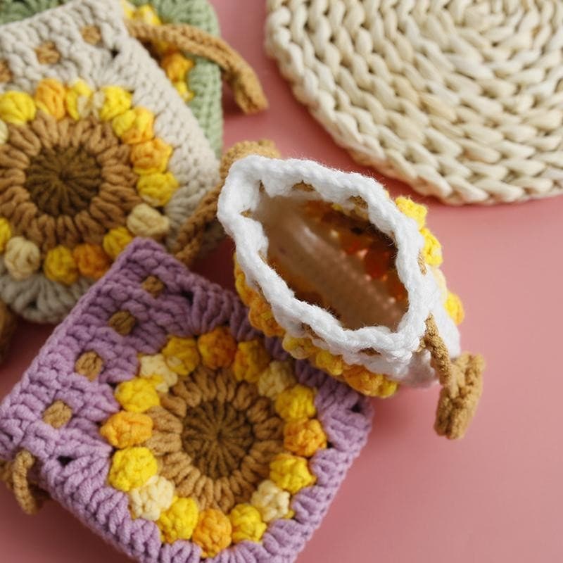 Decorador Novo Girassol Crochê Moeda Bolsa De Malha Mini Cordão Saco Criativo Senhoras Chaveiro Adequado Para Armazename
