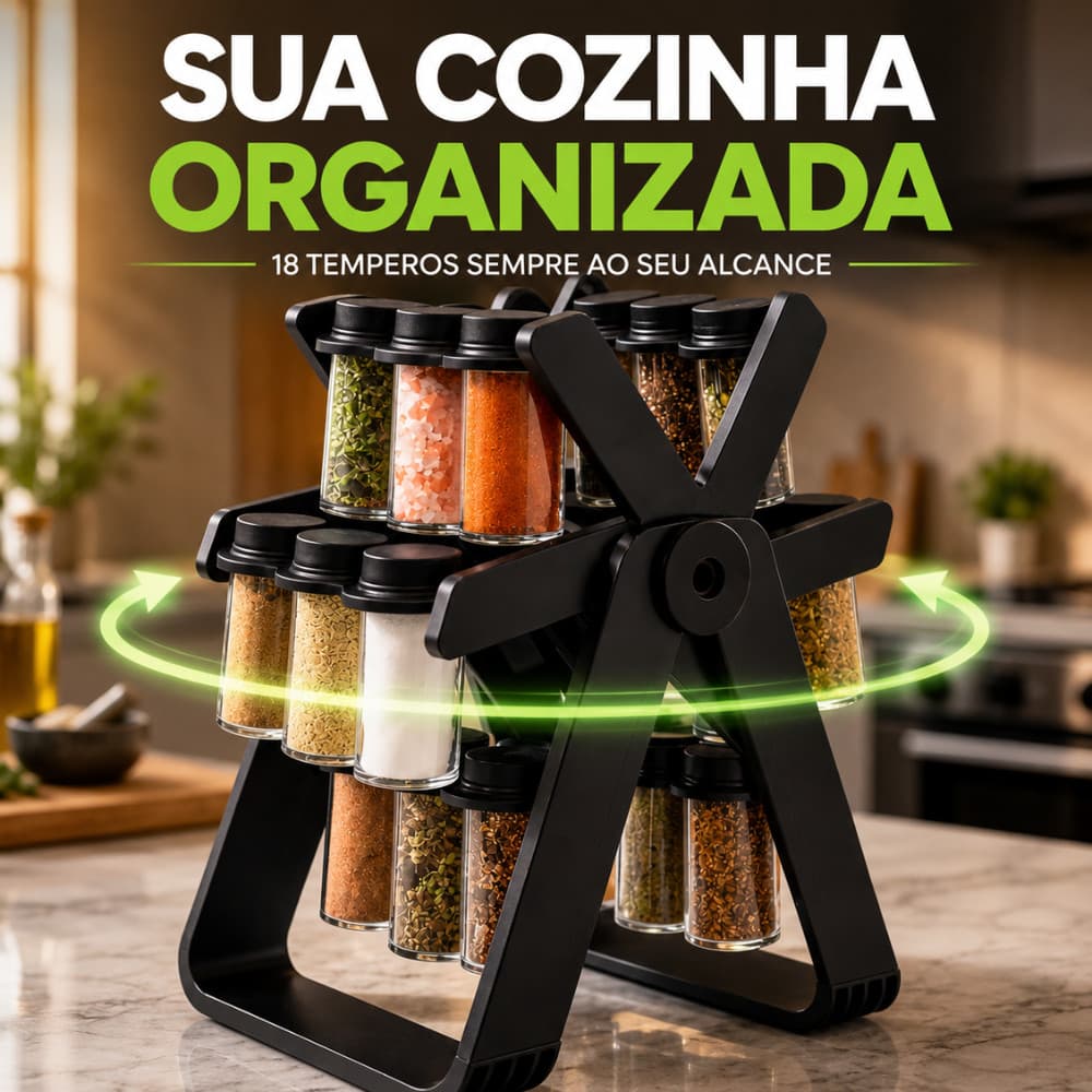 Porta Condimentos Giratório com Tampa Duas Aberturas 18 Potes 85ml Organizador de Temperos