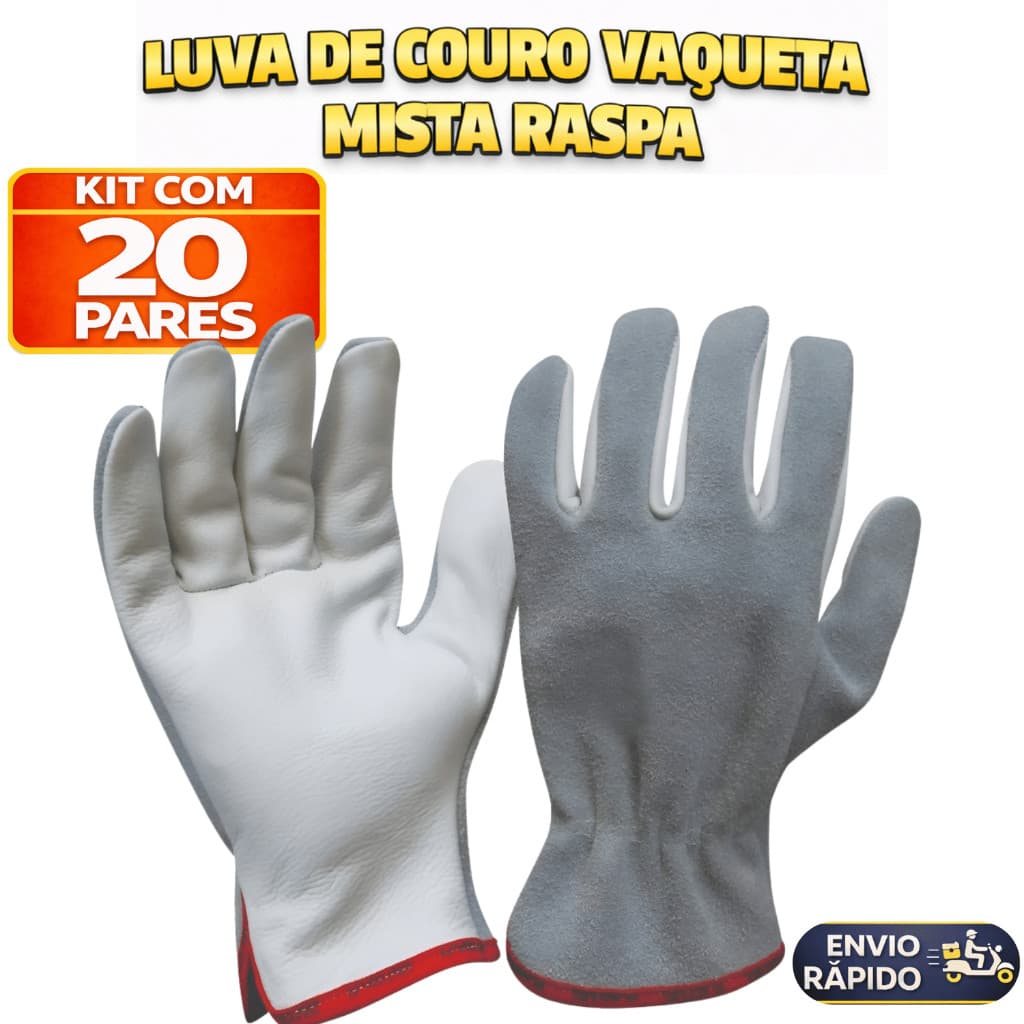 Kit 20 Luva Raspa Vaqueta Mista Petroleira Punho Curto Epi Proteção Segurança Industrial Construção