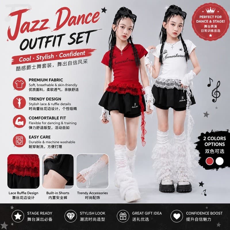 Conjunto de Dança Jazz para Meninas, Fantasia de Apresentação Infantil, Conjunto de Duas Peças para Dança de Rua Fashion