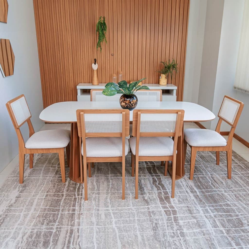 Conjunto KIT Mesa Jantar Oval 6 Cadeiras Encosto Tela 100% MDF Off White Cesare Claro