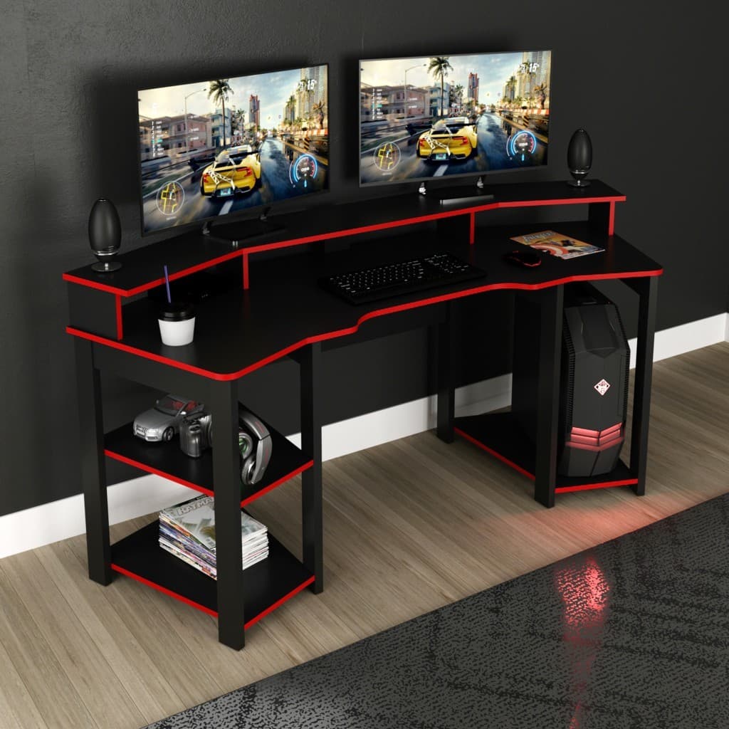 Mesa Gamer com 3 Prateleiras Porta Copo 186x89cm ME4167 Preto Vermelho