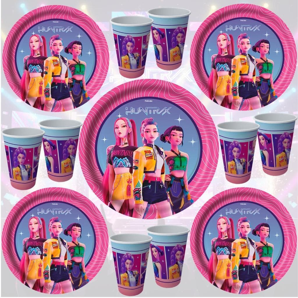 Kit Festa Guerreiras do K-Pop Huntrix Oficial Decoração Infantil Copos 200ml Pratos 18cm