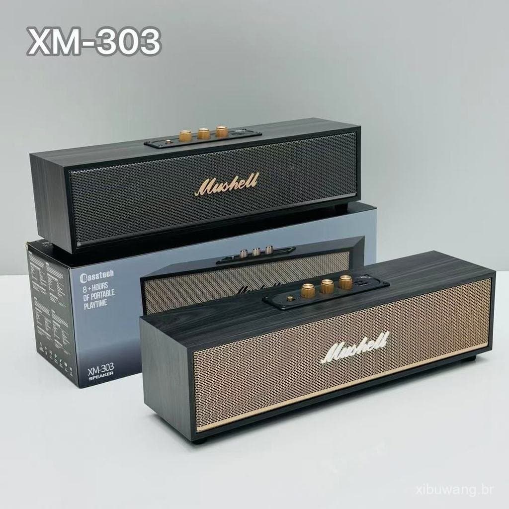 Caixa de som Bluetooth de estilo retrô feita de madeira e couro, subwoofer portátil para uso externo.