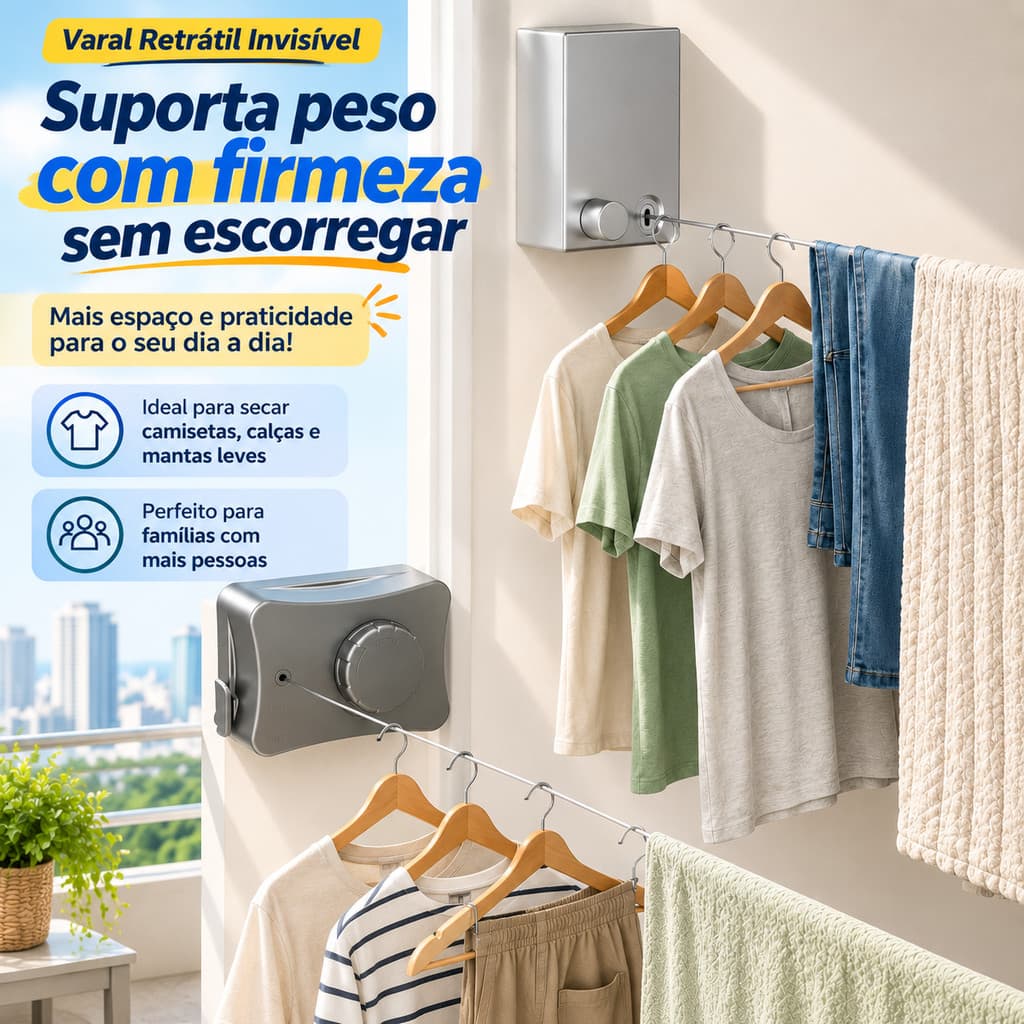 Varal de Roupas Retrátil de Parede em Aço Inox Corda Ajustável e Recolhível para Lavanderia Banheiro e Varanda