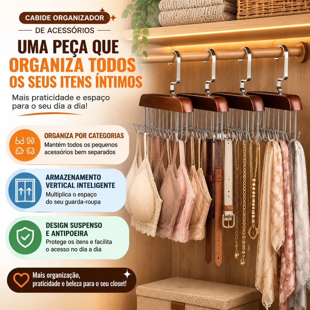 Cabide Organizador de Madeira 8 Ganchos Metálicos para Cintos Gravatas Sutiãs Colares Bolsas e Acessórios Multiuso