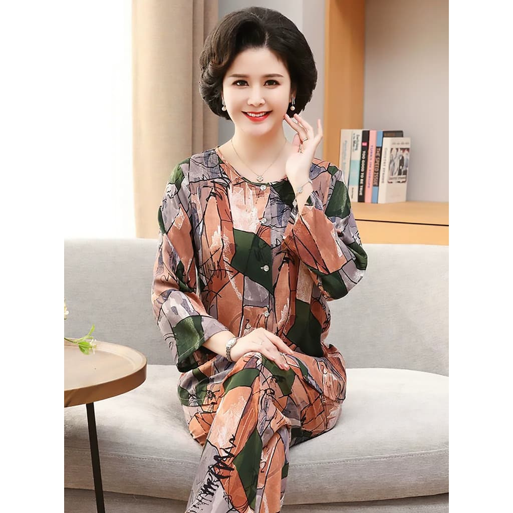 Pijamas para idosos verão 100% sensação de seda gelo avó algodão seda Cardigan legal estilo fino feminino High-End manga
