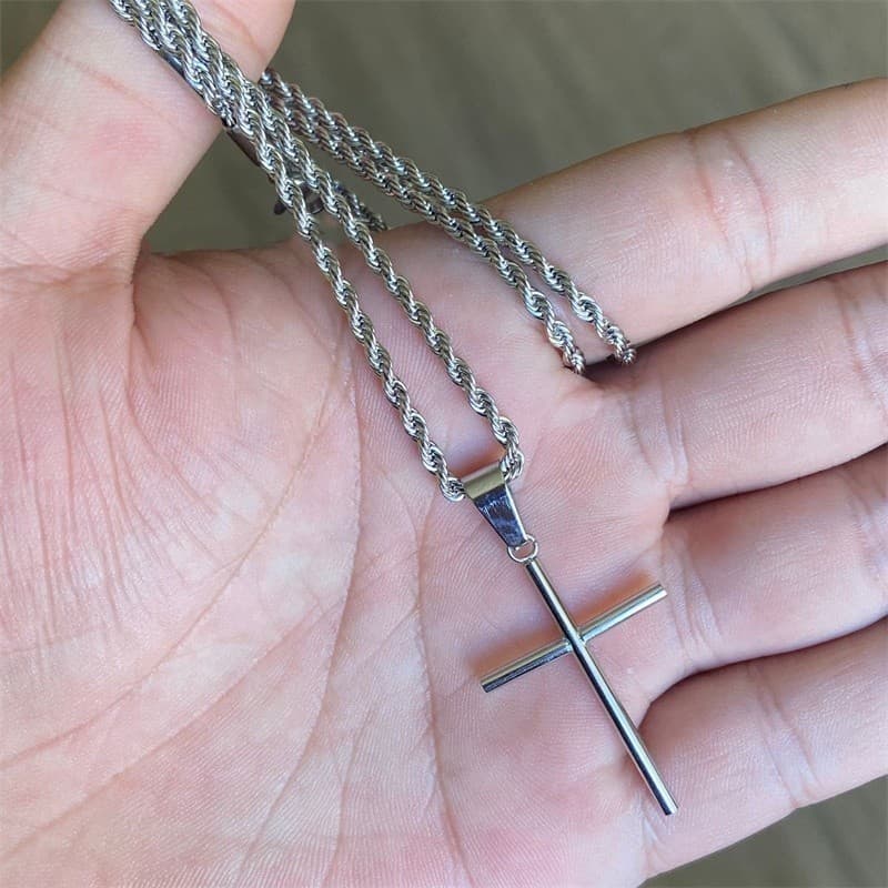 CONJUNTO CORDAO Corrente Torcido Cordão Banhado Prata com colares masculinos com Pingente de Cruz Aço inoxidável Mascul