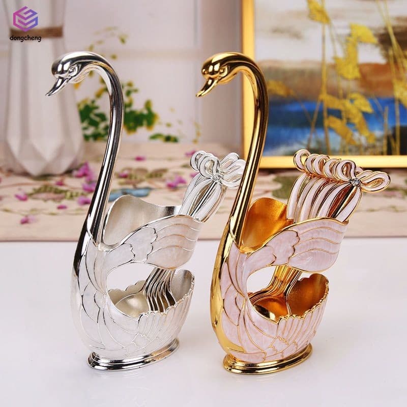 Conjunto De Colher De Cisne De Metal Dourado-Talheres Criativos Para Uso Doméstico