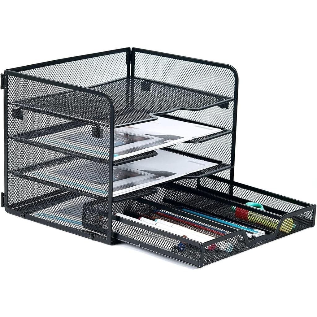 SETTFRFE Organizador de Mesa com 4 Níveis de Malha para Papel e Cartas, com Gaveta Deslizante, Organizador de Material d