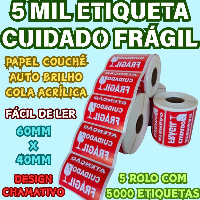 5 Rolo Com 5000 Etiqueta Cuidado Frágil 60mm x 40mm Papel Adesivo De Alta Qualidade Design Chamativo