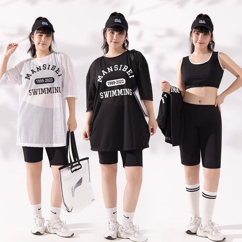 Tamanho grande maiô senhoras solto tamanho grande moda Casual terno de três peças maiô estilo esportivo primavera quente