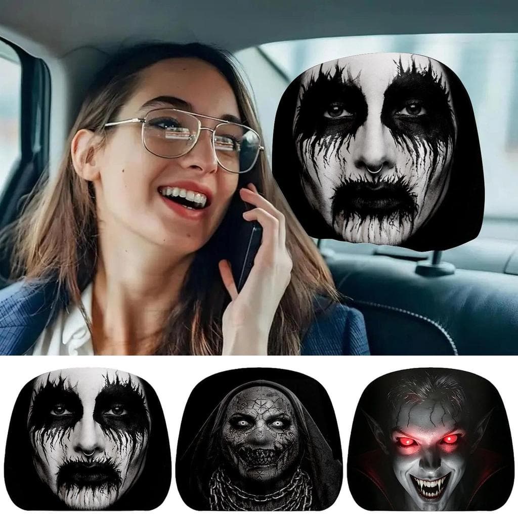 2 Pçs Rosto Assustador Capas De Encosto De Cabeça Do Carro , Protetor Elástico De Impressão Dupla Face Decoração Interio