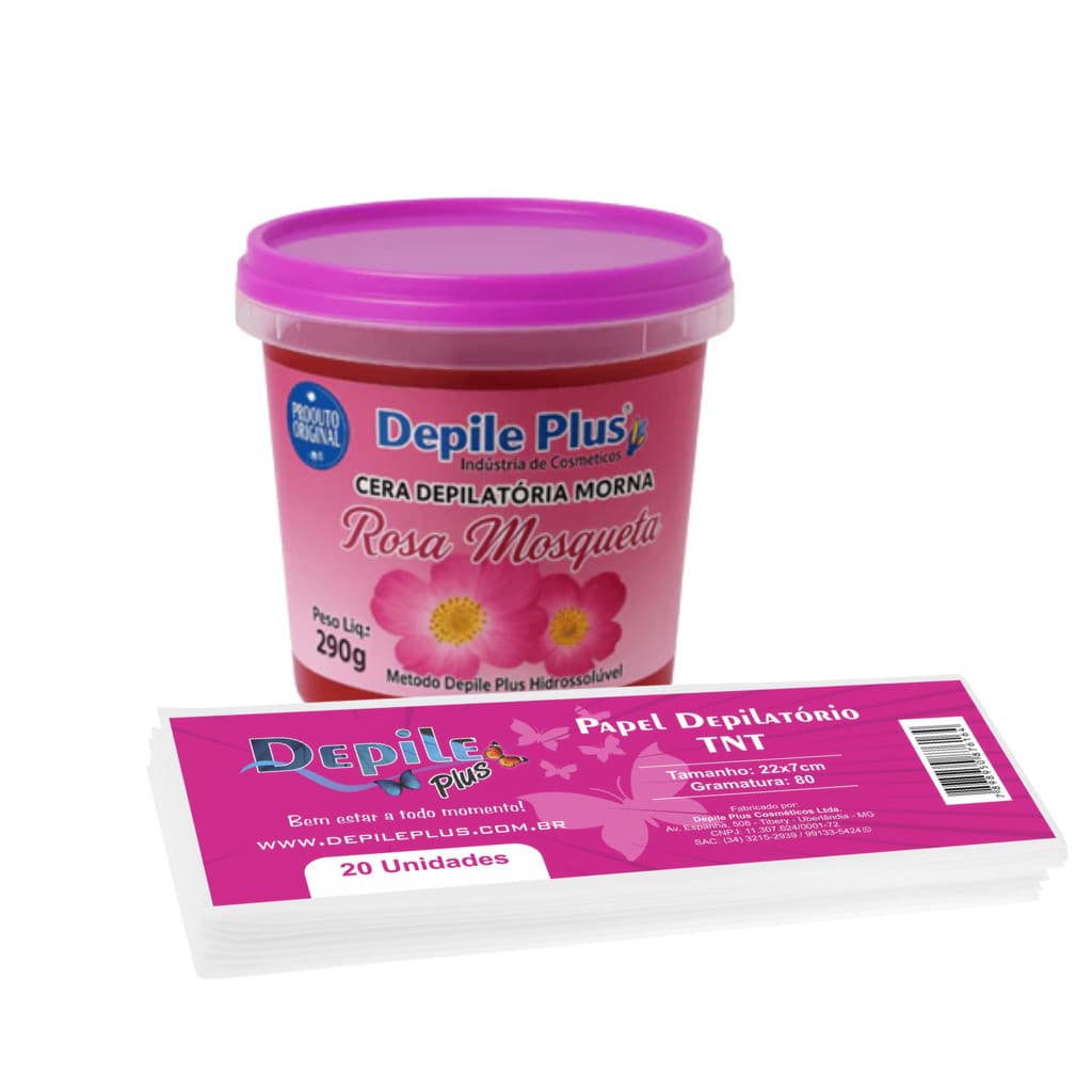 Kit Cera Depilatória Hidrossolúvel Rosa Mosqueta 290g+ Papel para Depilação com 20 unidades Depile Plus