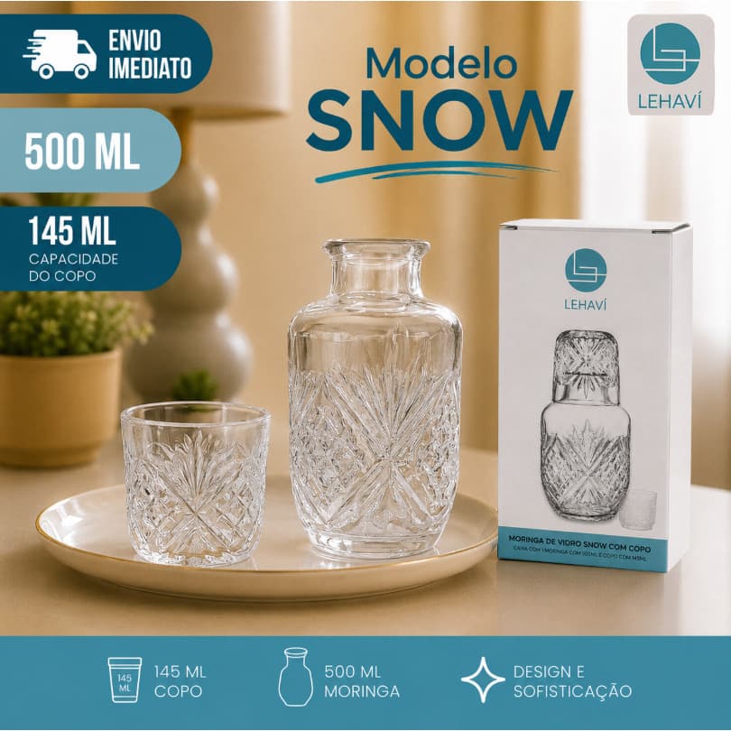 Moringa de Vidro Jarra 500ml com Copo Tampa 145ml  Para Água Bebidas Sucos Destilados Banheiro