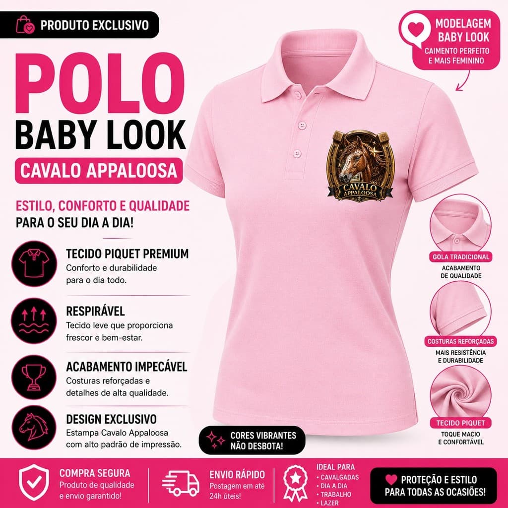 Camisa Polo Feminina Baby Look Cavalo Apaaloosa
