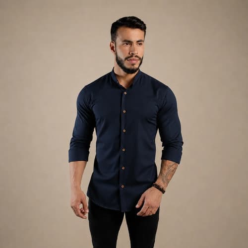 Camisa Social Gola Padre Linho Azul Marinho Masculina