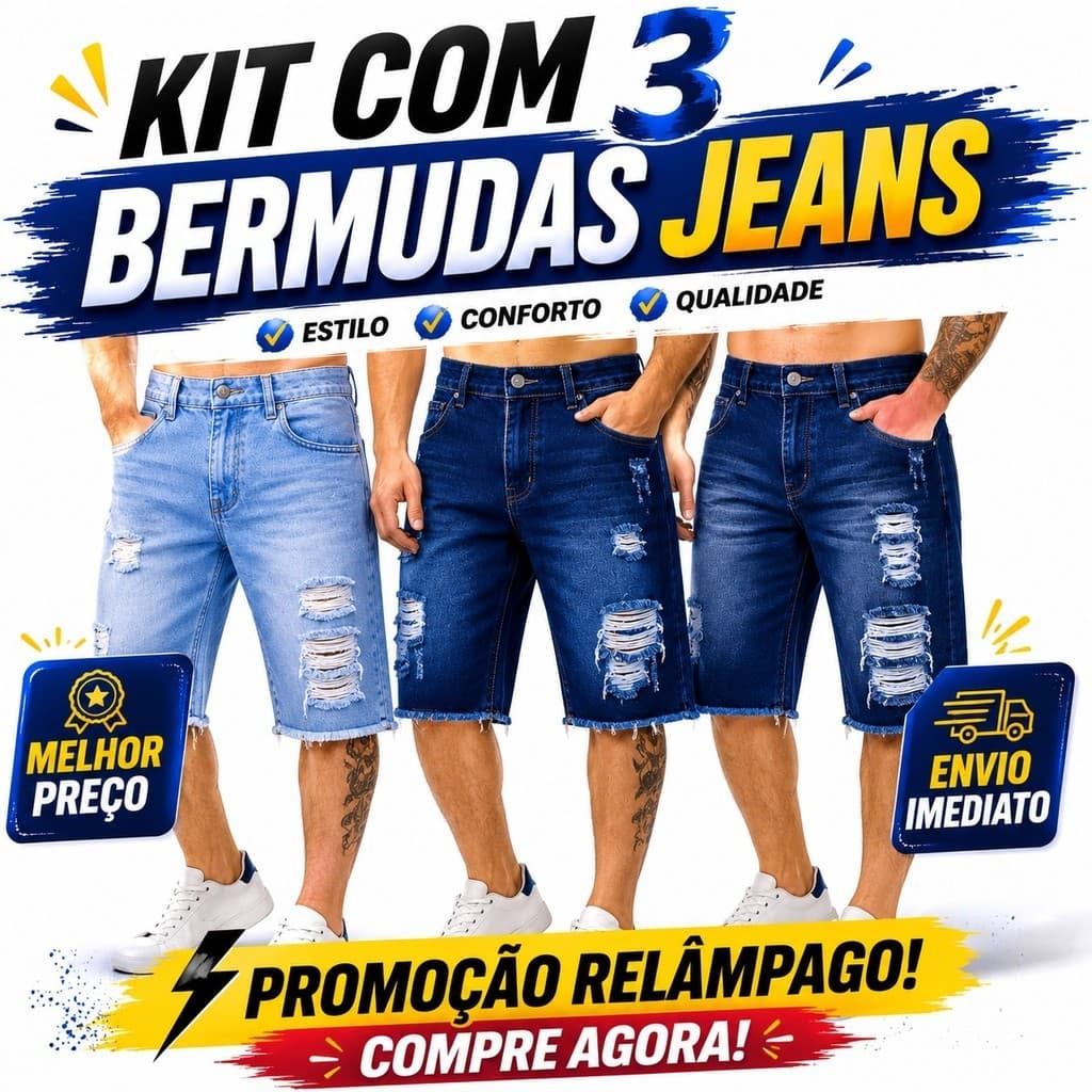 Kit 3 Bermudas Jeans Rasgado Masculinas Modelos Sortidos Casual Confortável do 36 ao 48