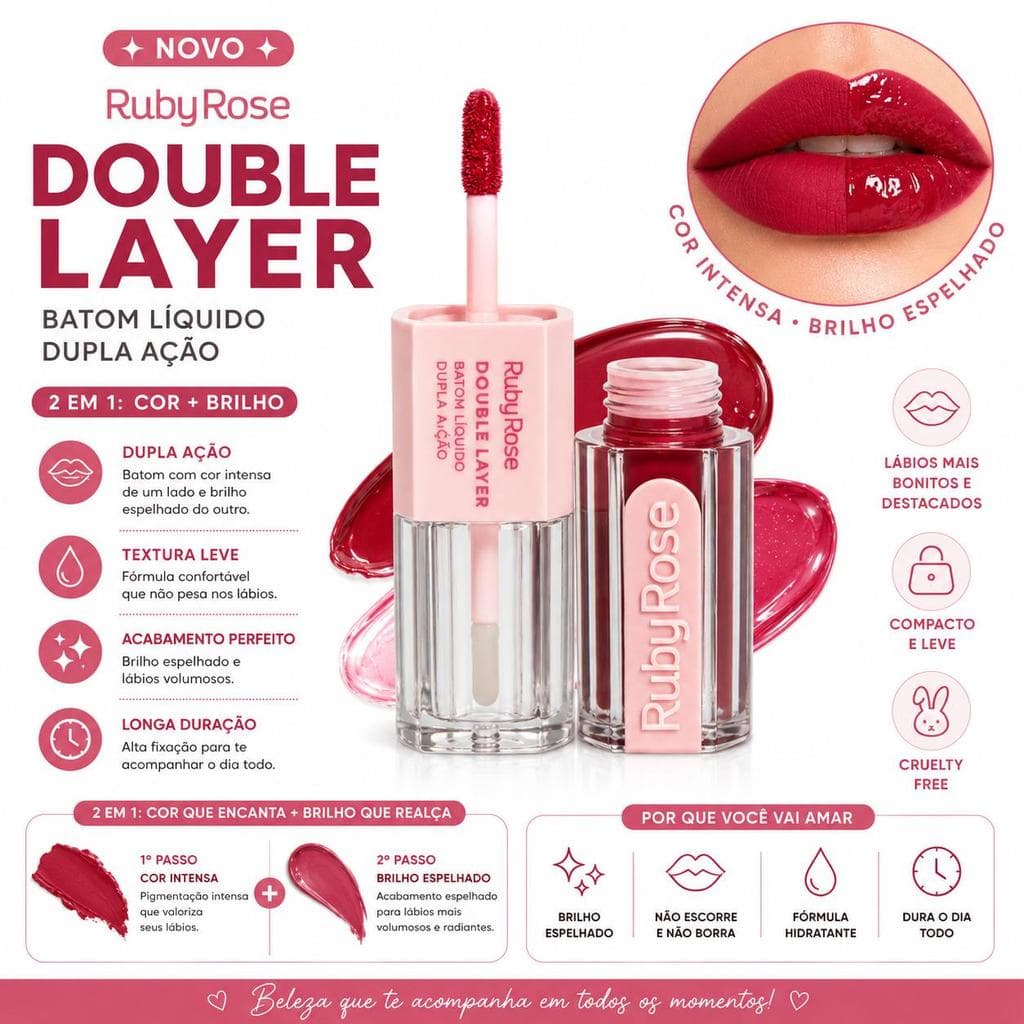 Batom Duo Double Layer - Ruby Rose, Líquido Intenso e Gloss Brilhante, Perfeito para Efeitos Diferentes e Confortável