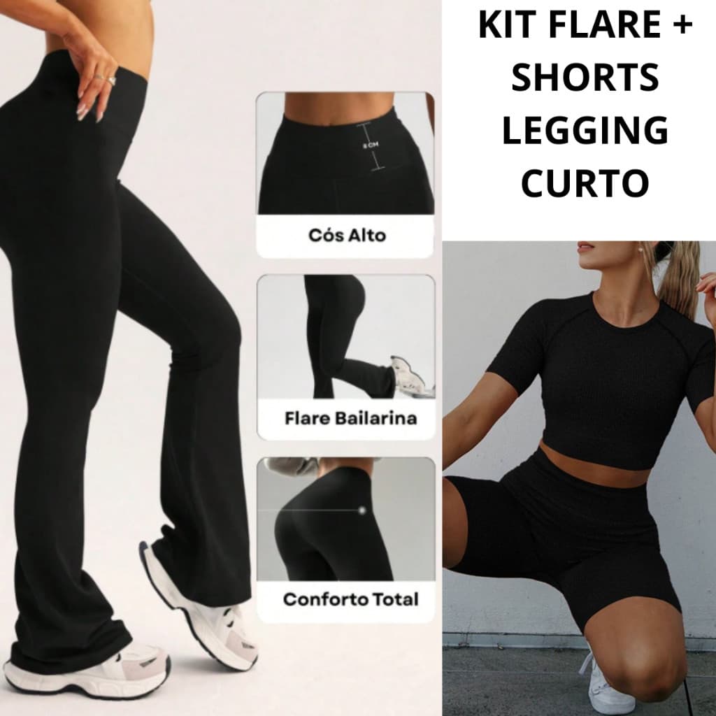 Kit 2 Calça Legging Flare + SHORTS LEGGING Flanelada Leg Boca De Sino Bailarina Grossa Zero Transparência