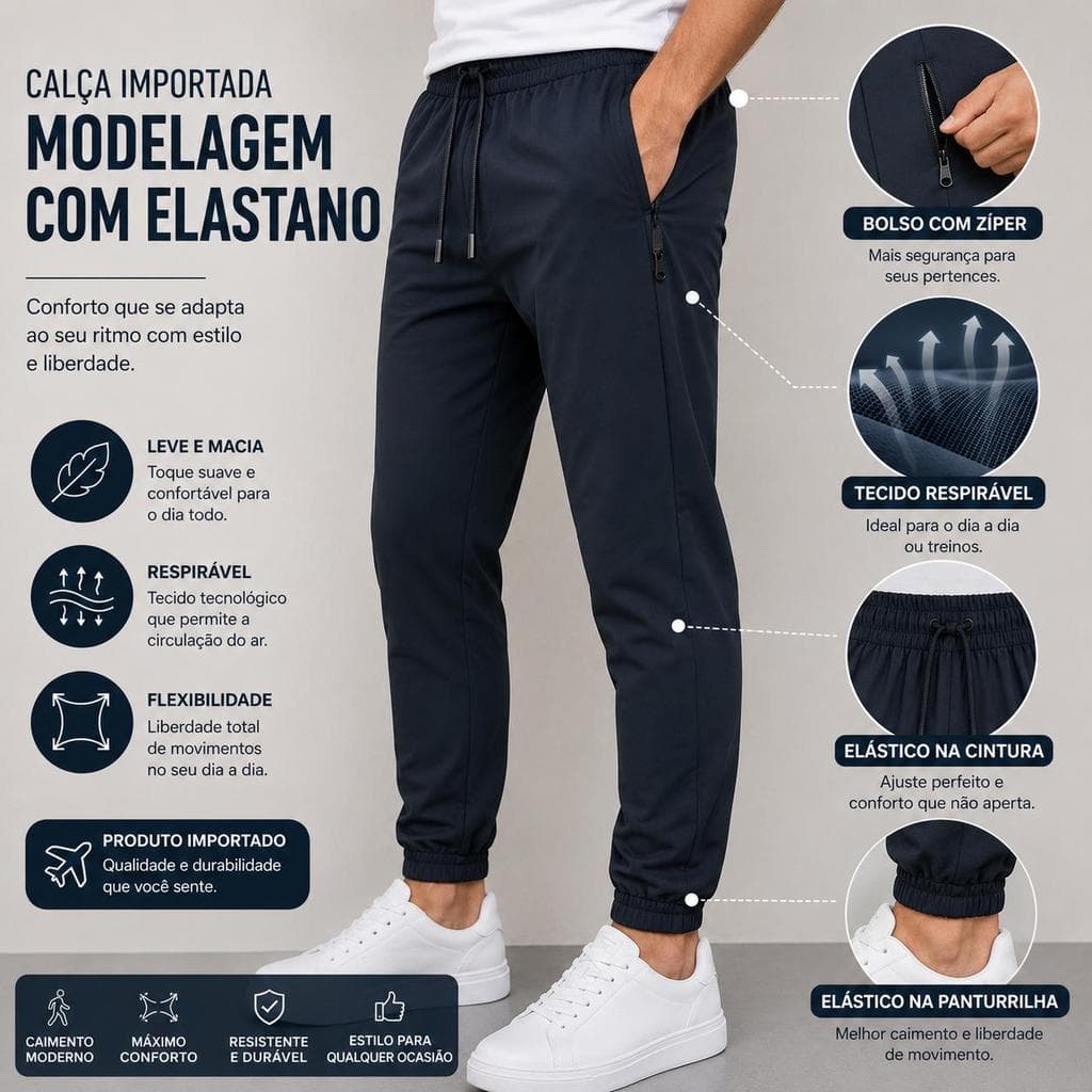 Calça Jogger Masculina Premium com Elastano Bolso Zíper Confortável Casual Academia