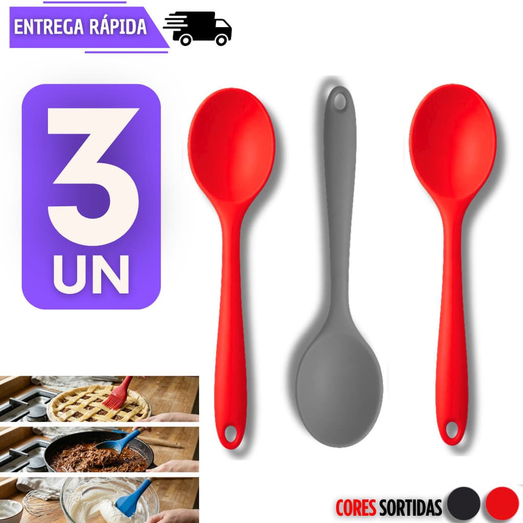 Conjunto 3 Colher De Silicone Resistente Arroz Feijão Carne Alimentos Não Risca Panela Utensílios Cozinha Colheres