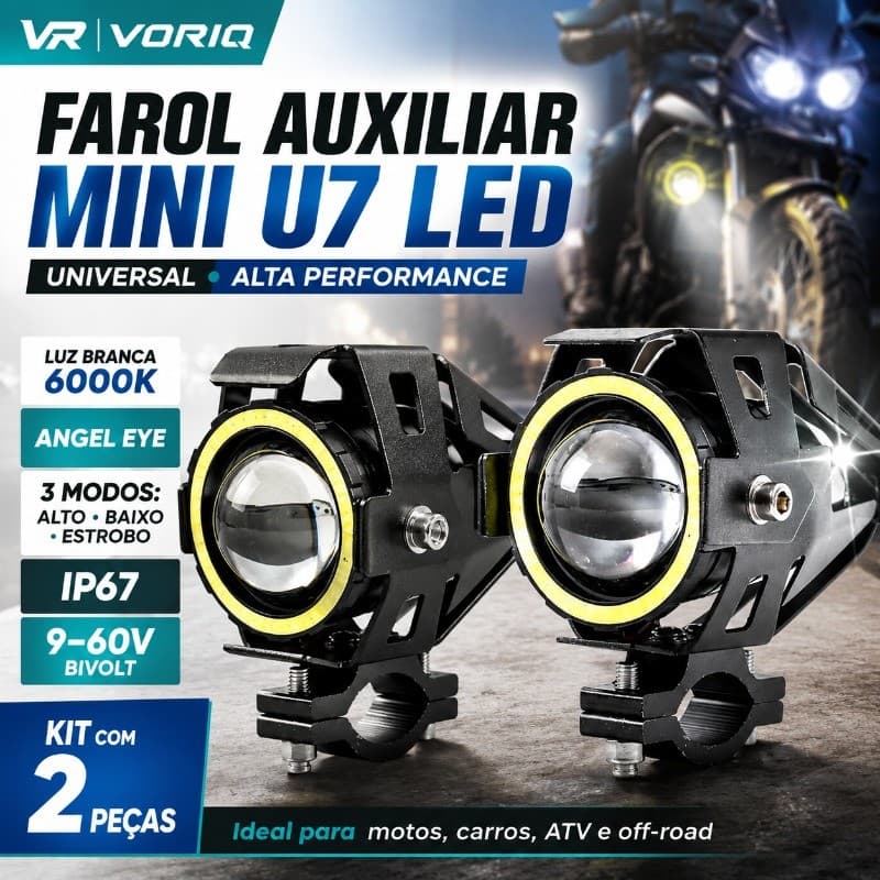 Par Farol De Milha Led Auxiliar Mini U7 Uso Universal Alto Desempenho Alumínio Angel Eyes Honda Yamaha XRE Kawasaki