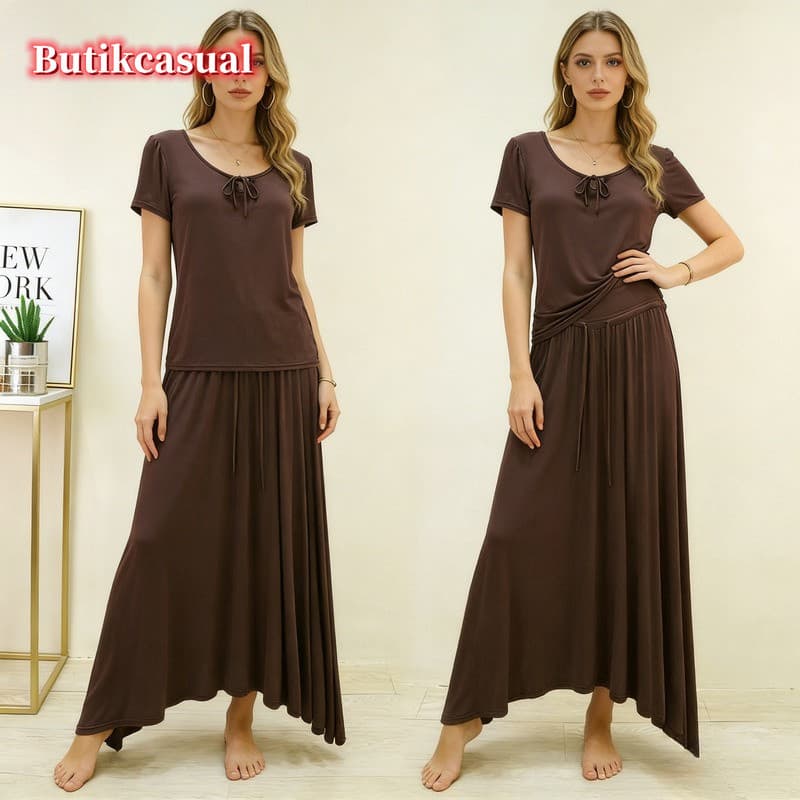 Feminino Modal Conjunto De Duas Peças Em Torno Do Pescoço Gravata Manga Curta Cordão Cintura Alta Saia Longa Moda Casual