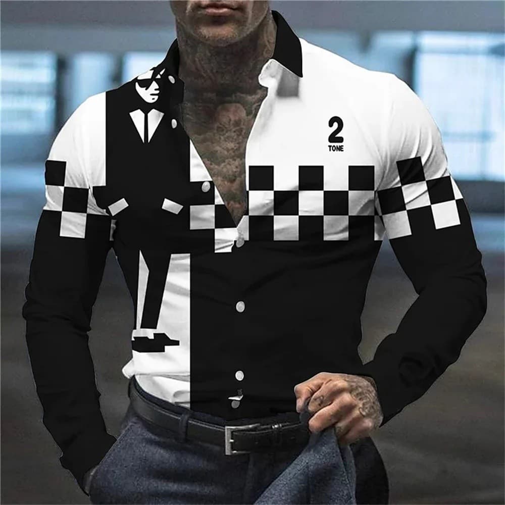 Camisa Casual Estampada de Verão para Homens, Manga Longa, Estilo Street, com Lapela e Fechamento Simples, camisas de ho