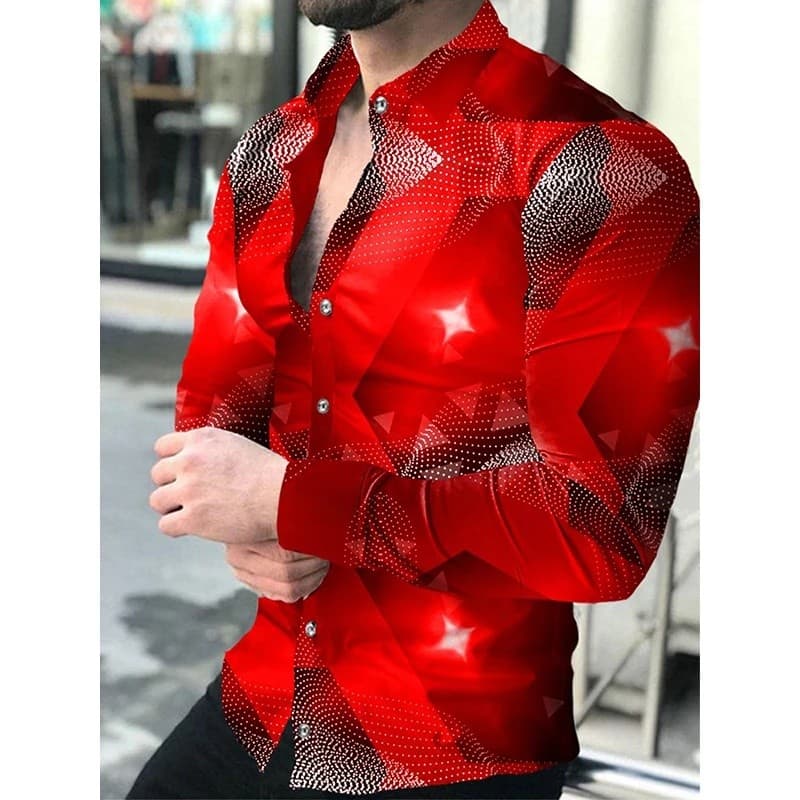 Novas Camisas Sociais Masculinas com Gola Dobrada e Botões, Camisa Casual de Designer com Estampa Gradiente, Manga Longa