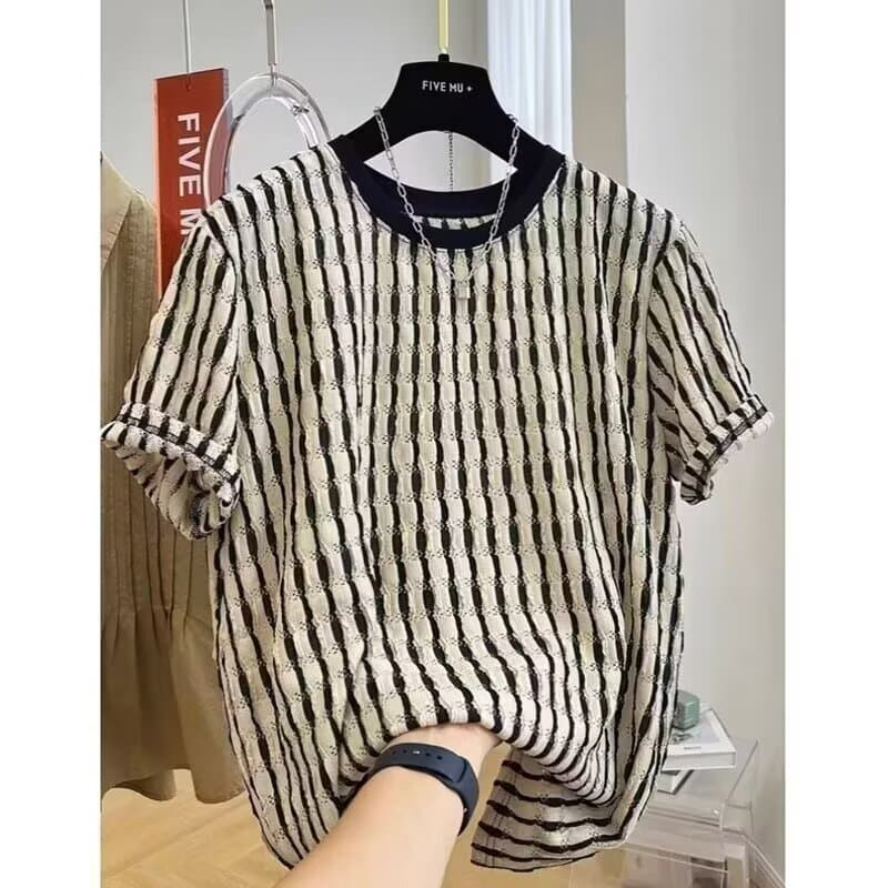 Camiseta masculina de manga curta de alta qualidade verão 2026 novo estilo oco listrado meia manga camiseta tamanho gran