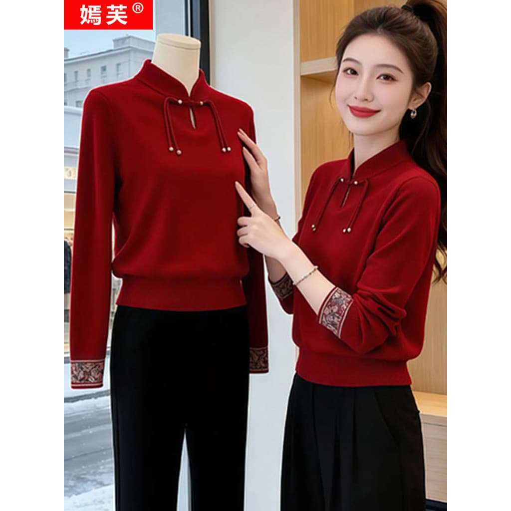 Novo estilo chinês vermelho gola alta pulôver camisola feminina 2026 Festival de primavera Benming ano malhas High-End e