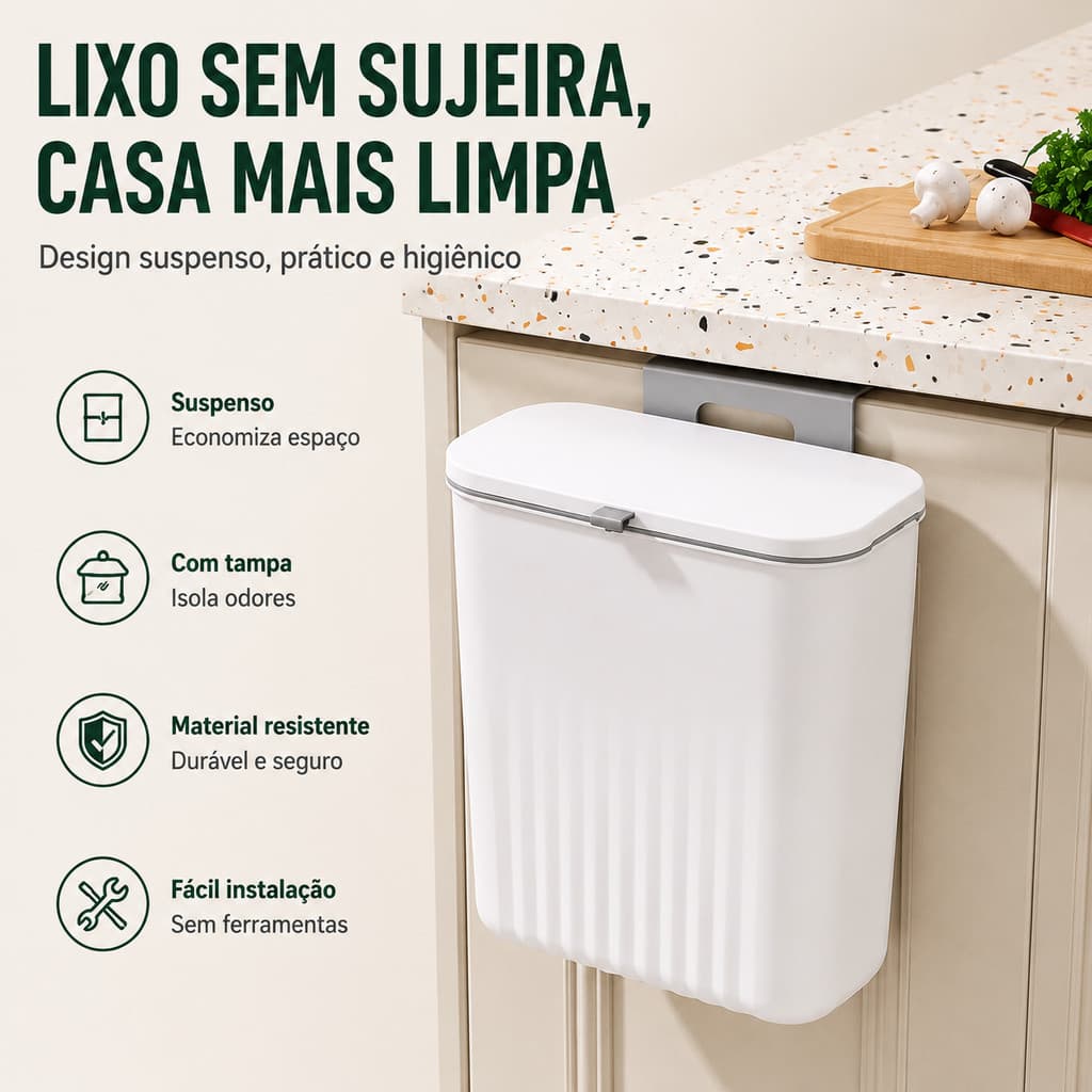 Lixeira Dobrável Suspensa para Cozinha Porta de Armário Grande Capacidade com Tampa Retrátil Economia de Espaço