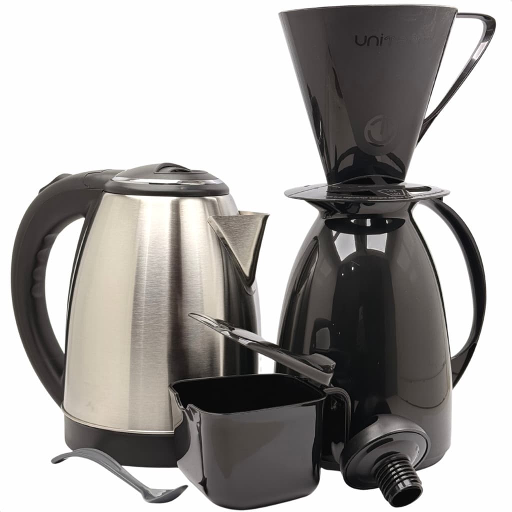 Kit Café Prático Chaleira Bule Jarra Elétrica Inox 1,8 Litros + Garrafa Térmica Filtro Coador Açucareiro Preto