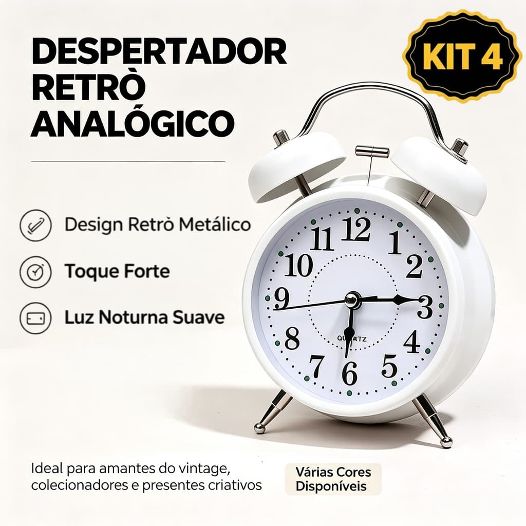 kit2/3/4 Relógio Despertador Metal Retrô Silencioso | Sem Tic Tac Luz Noturna | Mesa Cabeceira Presente