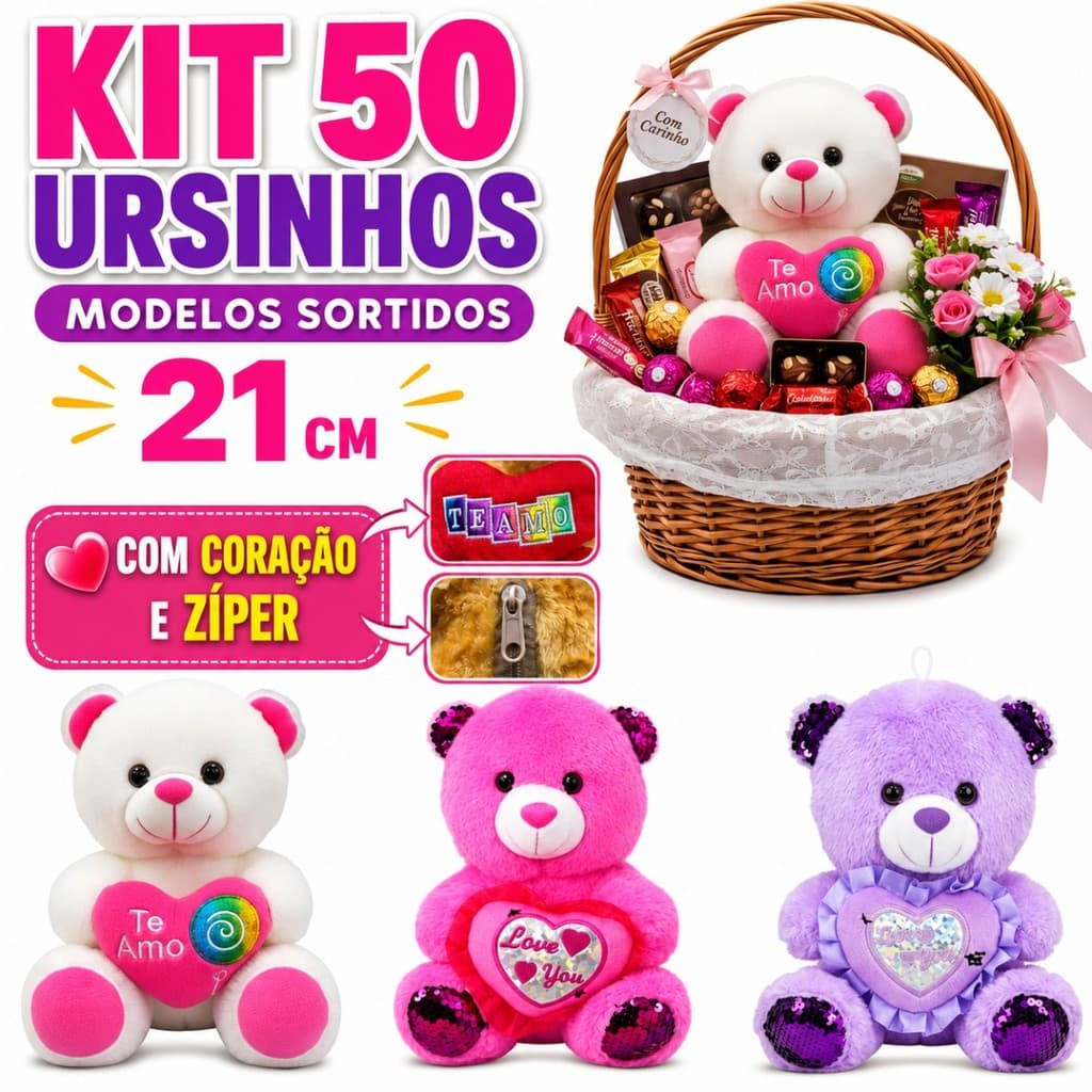 Kit 50 Ursinhos de Pelúcia 21 cm Sortidos com Coração e Zíper