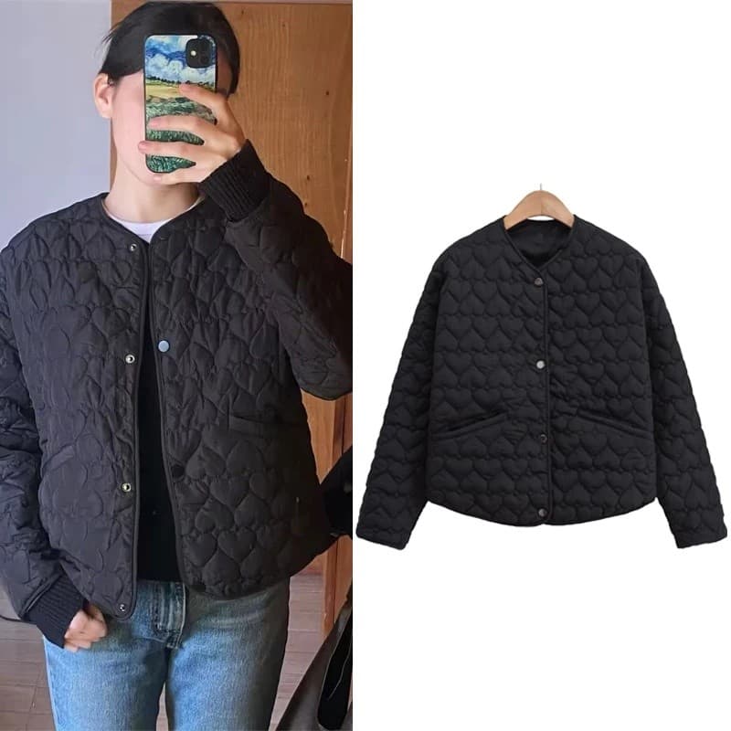 Casaco Parka Feminino HXAO2024, Jaqueta de Inverno, Jaqueta Acolchoada, Jaqueta Feminina Leve Forrada de Lã em Preto e B