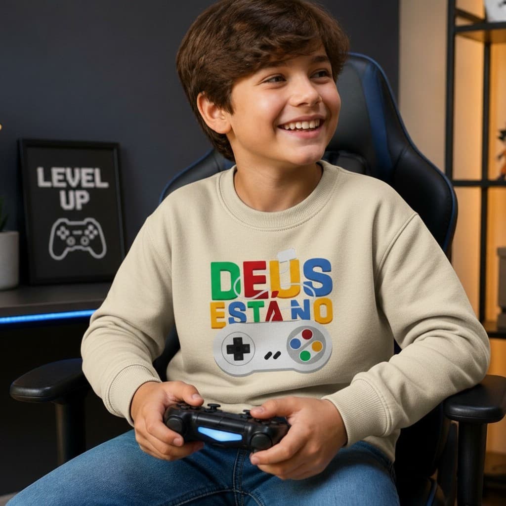 Moletom Infantil Gospel Gamer Deus Está no Controle Flanelado